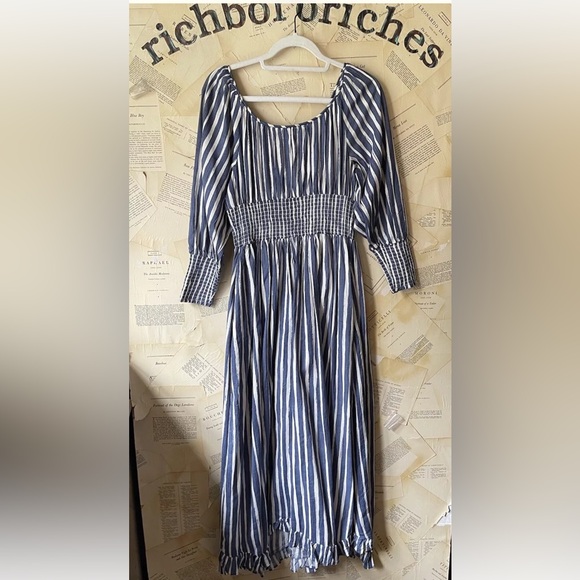 Anthropologie Long Sleeve Sweetheart Maxi Midi Dress Blue Motif - Picture 9 of 9